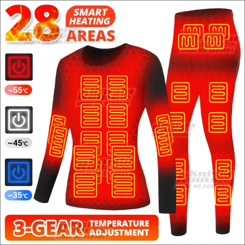 Heated clothing set featuring a long-sleeved shirt and pants with multiple heating zones.