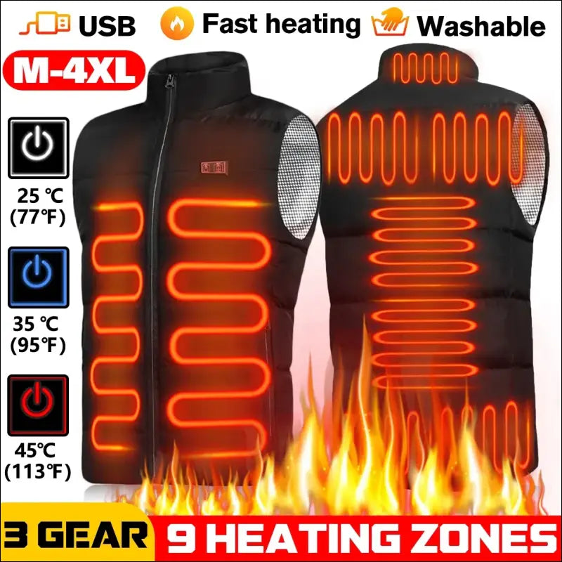 Heated vest with multiple warming zones and USB power connection.