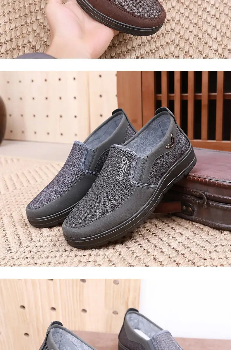 Gray slip-on casual cloth shoes for men’s elderly father, ideal for big yards.