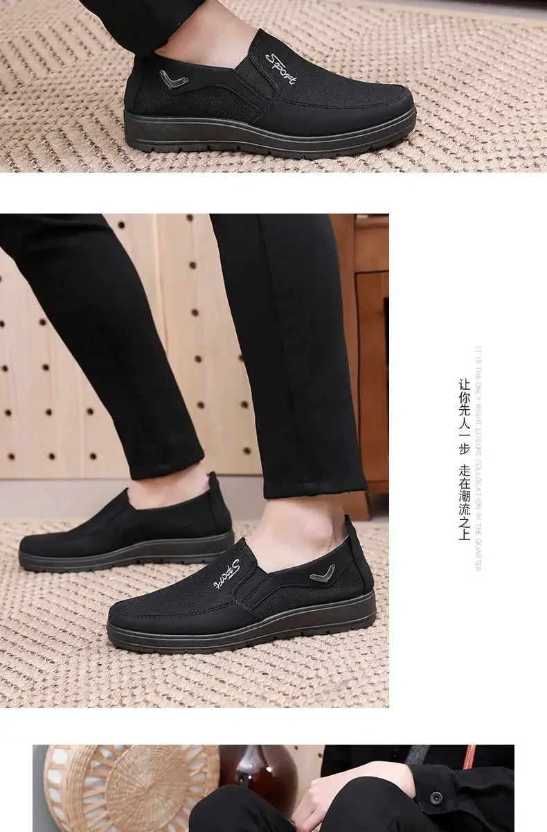 Black slip-on shoe with casual design, perfect cloth shoes men’s for elderly father.