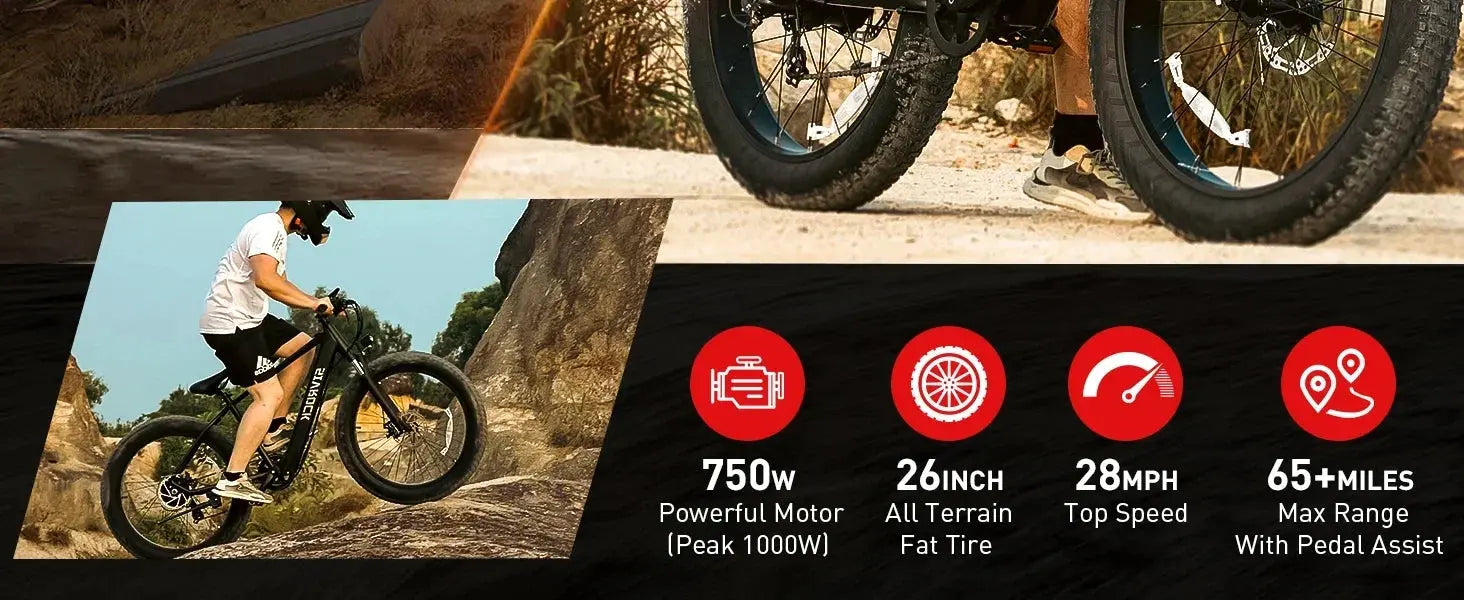 Electric Mountain Bike for Adults 25MPH 75Miles Range 750W Motor 48V 15Ah Ebike 26"x4.0" Fat Tire Shimano 7 Speed Hidden Battery - Premium  from My Store - Just $1495! Shop now at thekodaonline