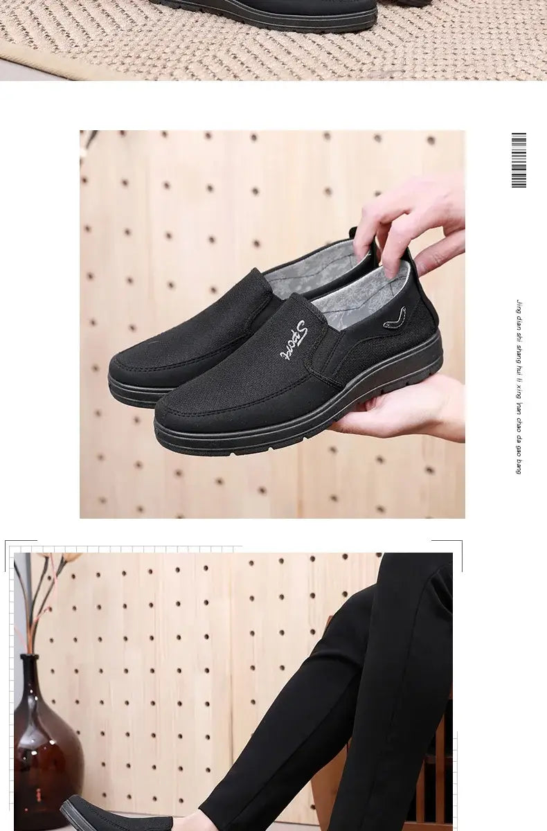 Black slip-on shoe held in hand, ideal cloth shoes for men and elderly father soft comforts.