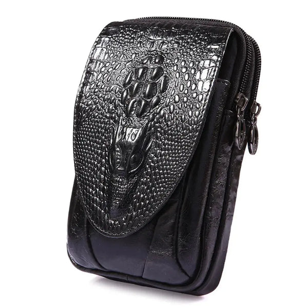 Genuine Leather Men's Waist Fanny Pack Bag Cell Phone Case - Vintage Crocodile Grain Design Thekoda.online