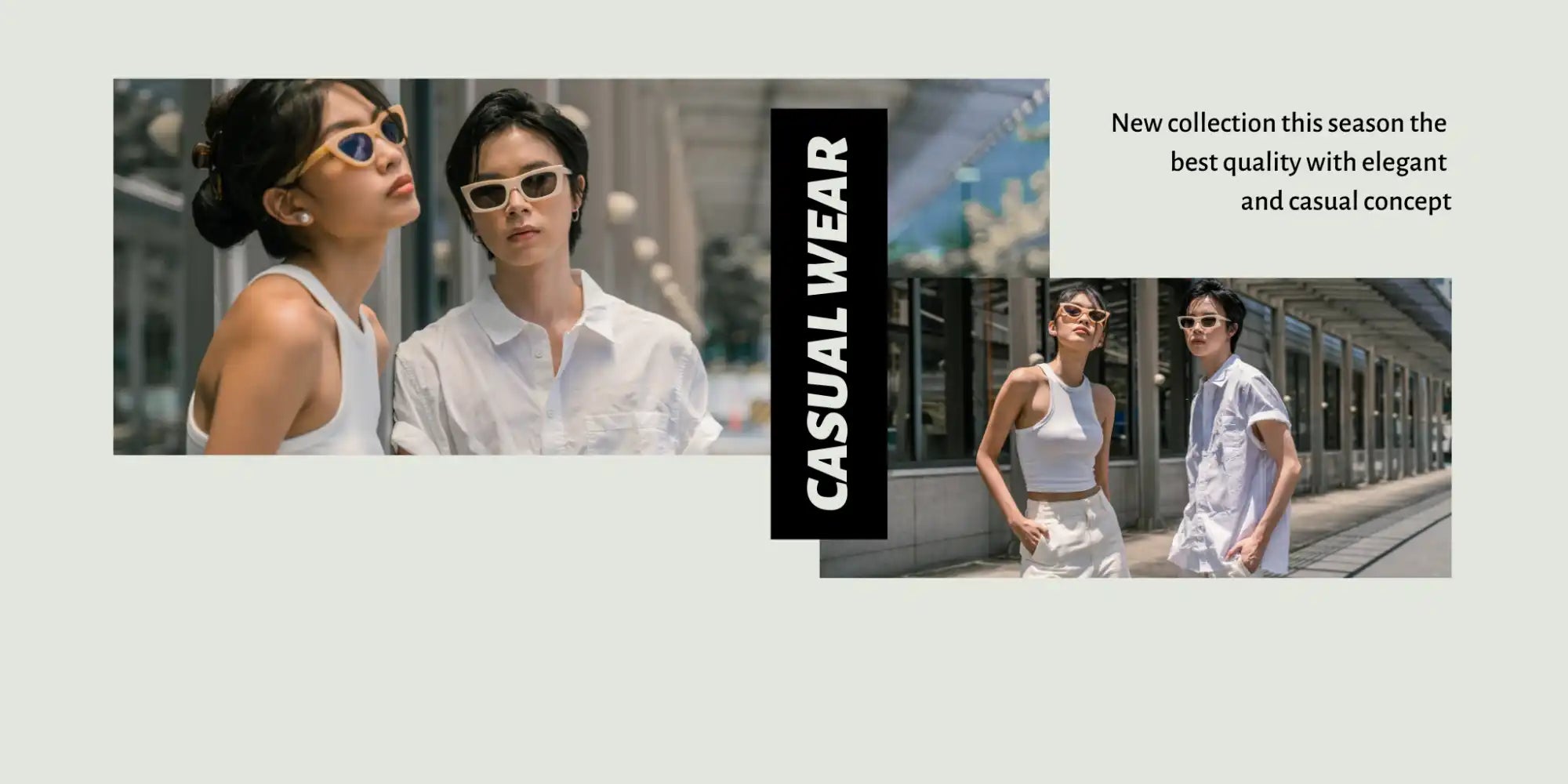 Advertisement for casual wear featuring two people in sunglasses and light-colored clothing.