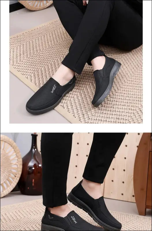 Black slip-on shoes with a comfortable, casual design.