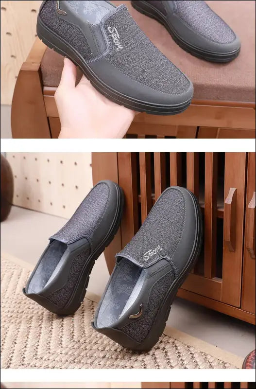 Gray slip-on shoes with textured fabric uppers and rubber soles.