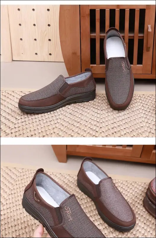 Pair of casual slip-on shoes with gray fabric uppers and brown soles.