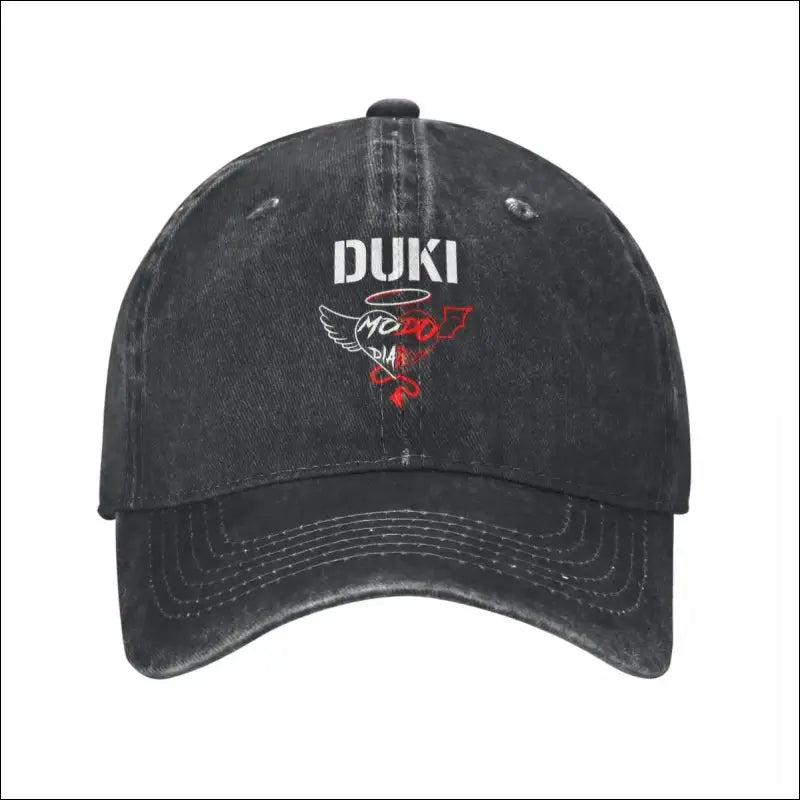 Black baseball cap with ’DUKI’ text embroidered on the front.