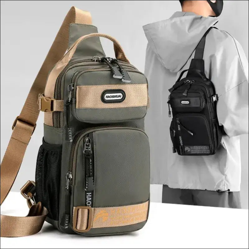 Olive green and tan crossbody backpack with multiple compartments and zippers.