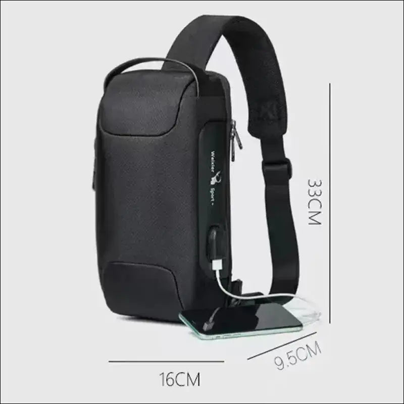 Black single-strap backpack with USB charging port and multiple compartments.