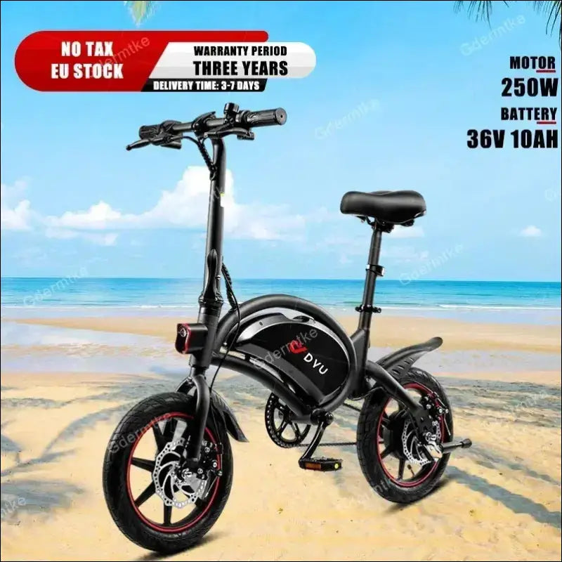 Compact folding electric bicycle with black frame and red accents.