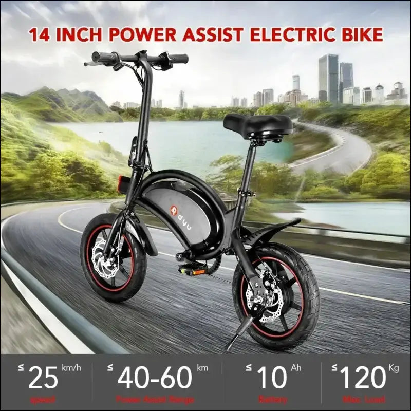 Compact folding electric bike with 14-inch wheels and power assist capability.