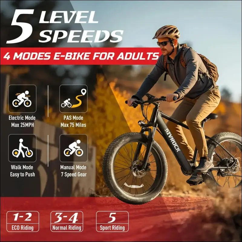 Electric bicycle (e-bike) with multiple speed settings and riding modes for adults.