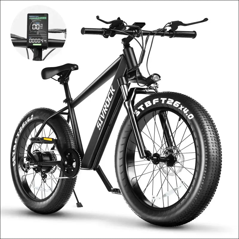 Electric fat tire bicycle with a sturdy frame and wide handlebars.