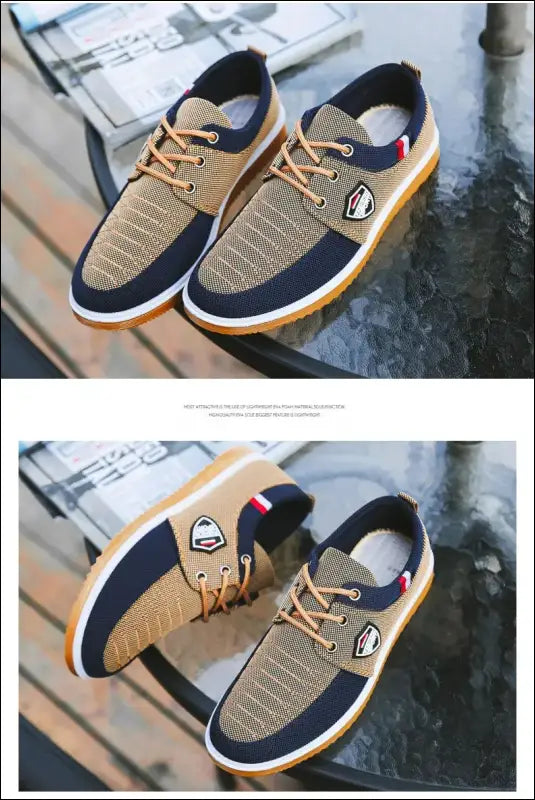 Pair of casual sneakers with tan, navy, and white color-blocking and yellow laces.