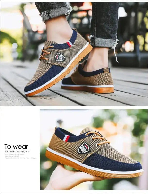 Casual sneaker with a multi-colored design featuring tan, navy, and orange elements.