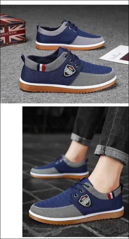 Casual blue and gray sneakers with a gum sole and decorative flag detail.