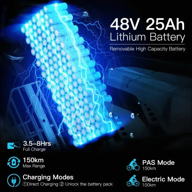 48V 25Ah lithium battery with removable high capacity and various charging modes.