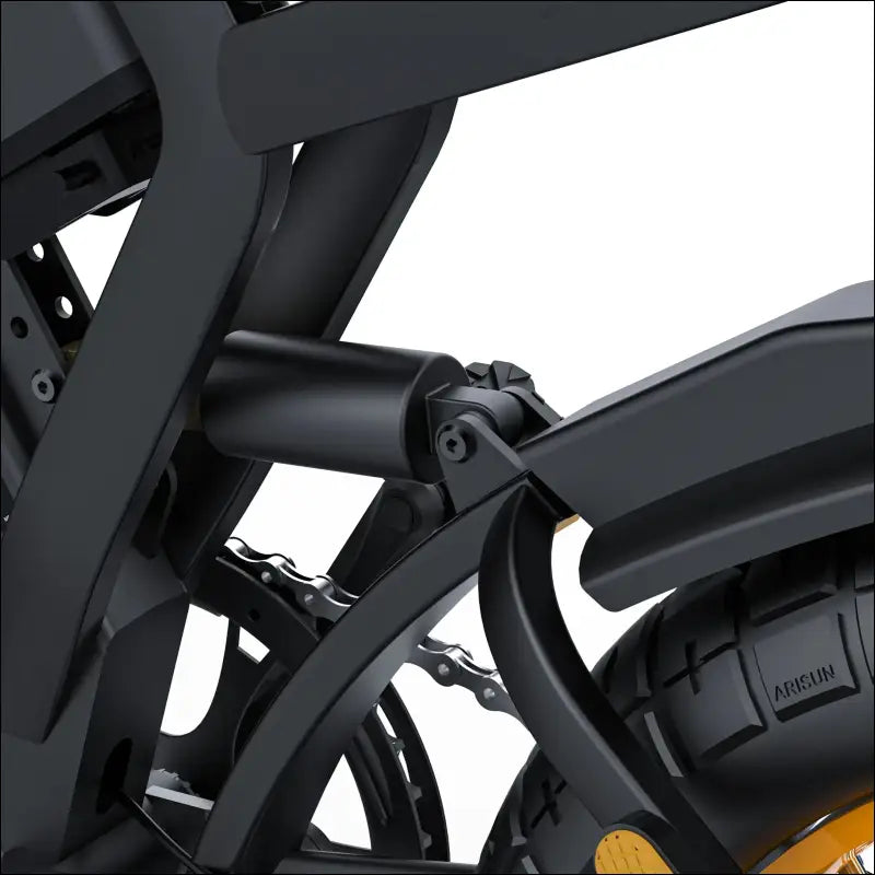 Close-up view of a motorcycle frame and suspension components.