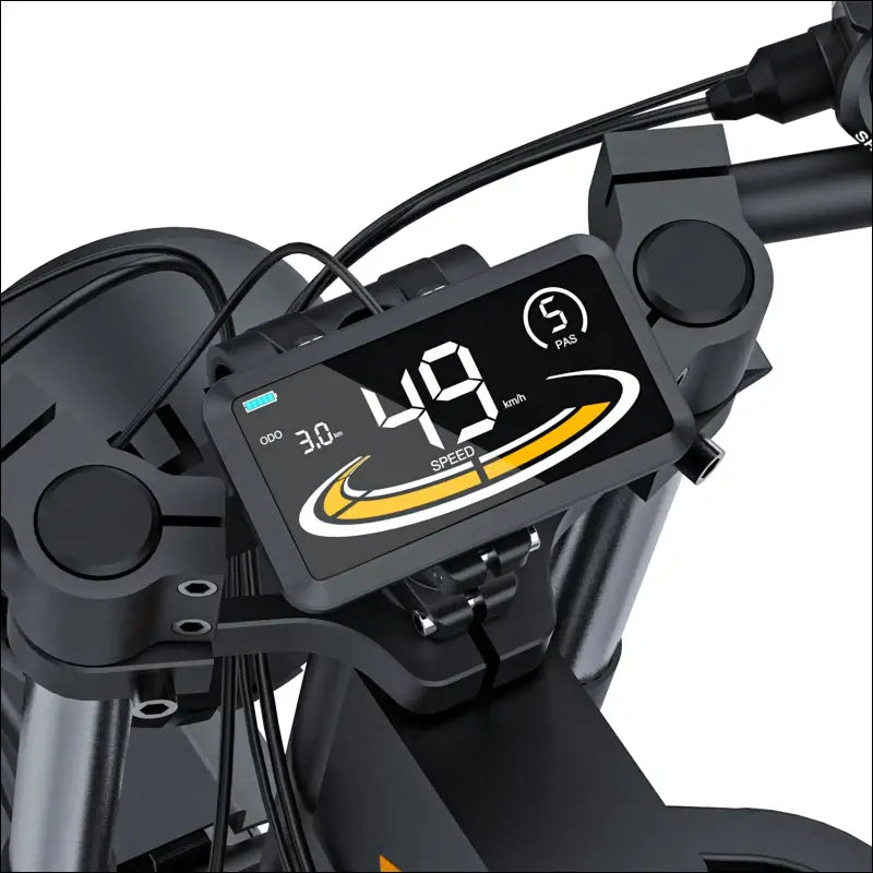 Digital display panel on a bicycle or electric scooter handlebar showing speed and battery information.