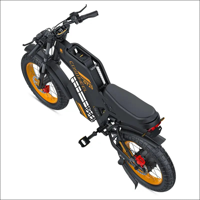 Electric bicycle with fat tires and a black frame accented by orange wheels.