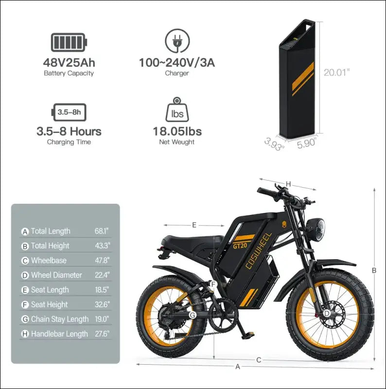 Electric motorcycle with rugged off-road styling and yellow accents.