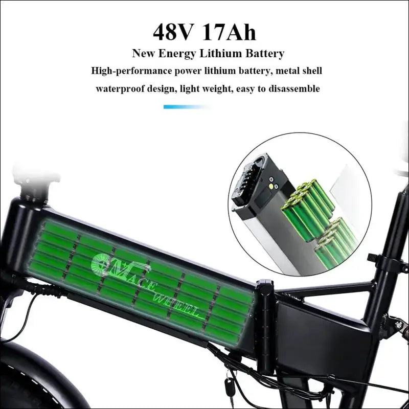 Electric bicycle battery pack with green casing and technical specifications.