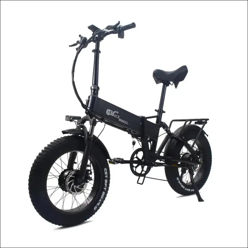 Folding electric bicycle with fat tires and a black frame.