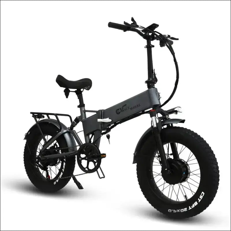 Folding electric fat-tire bicycle with a black frame.