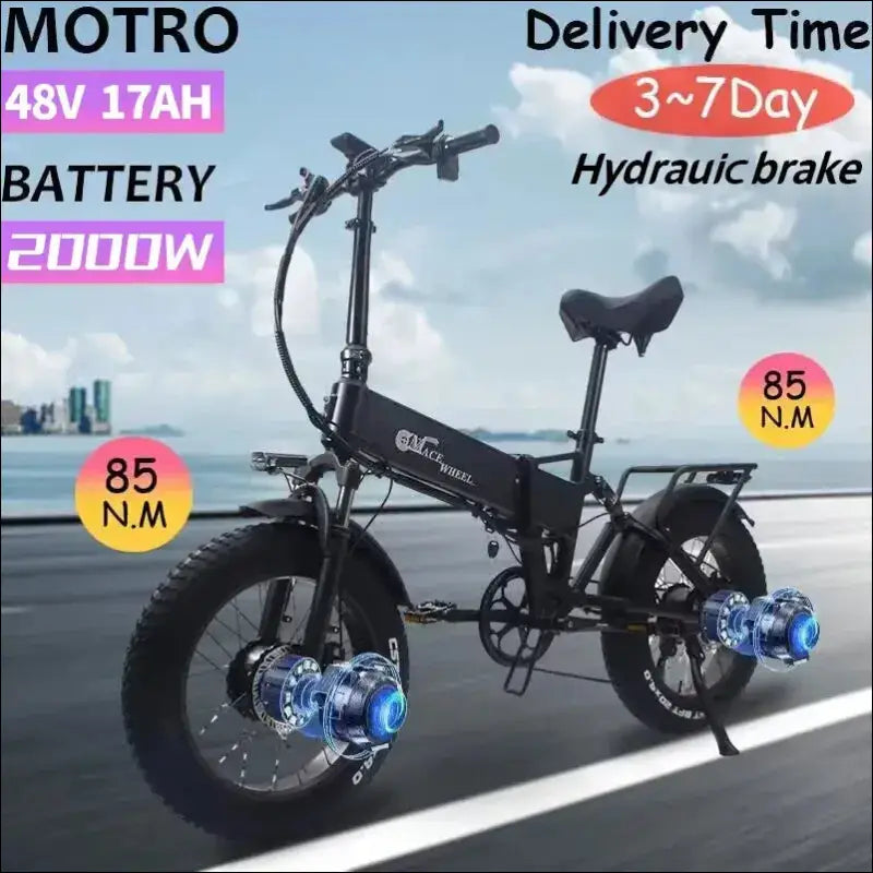 Folding electric bicycle with fat tires and hydraulic brakes.