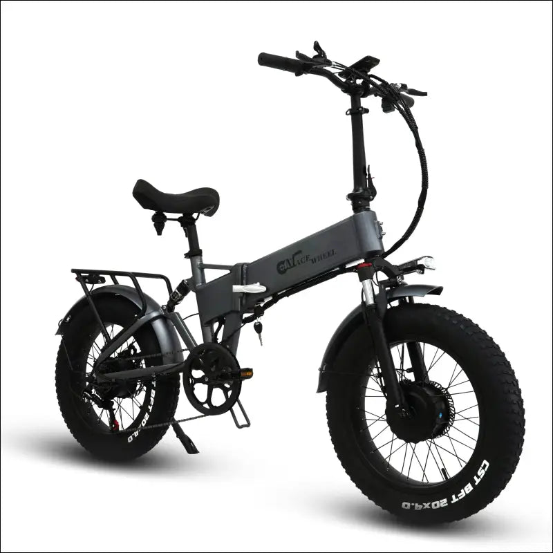 Folding electric fat-tire bicycle with a gray frame.