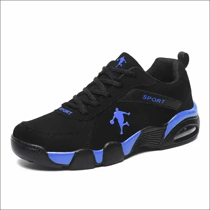 Black athletic sneaker with blue accents and a basketball player silhouette logo.