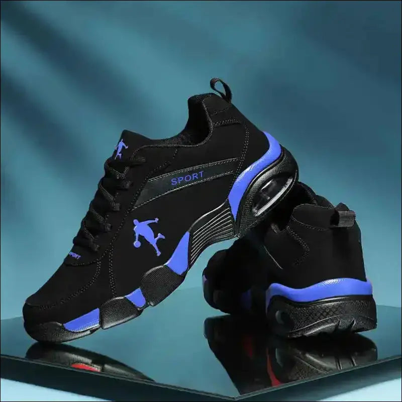 Black athletic sneakers with blue accents and a dolphin logo.