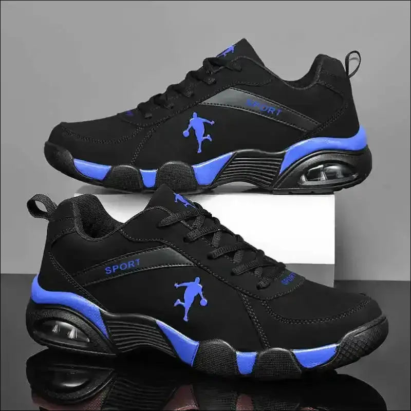 Black and blue athletic sneakers with a basketball player silhouette logo.