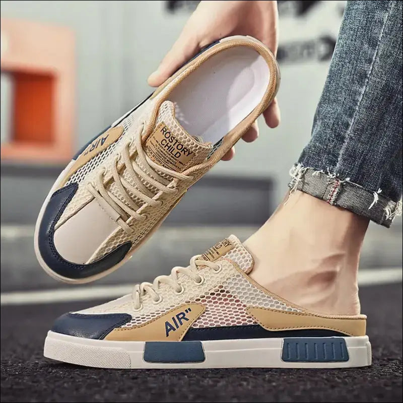 Beige and blue slip-on sneaker with mesh detailing and a chunky sole.