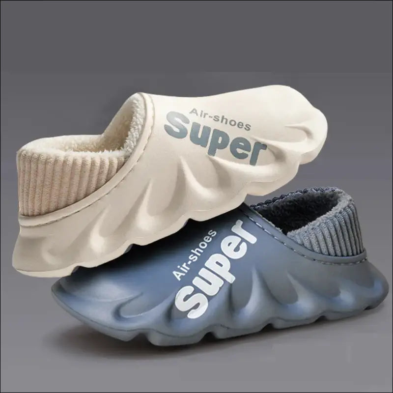 Pair of futuristic slip-on sneakers with a wavy, molded design labeled ’Super.’