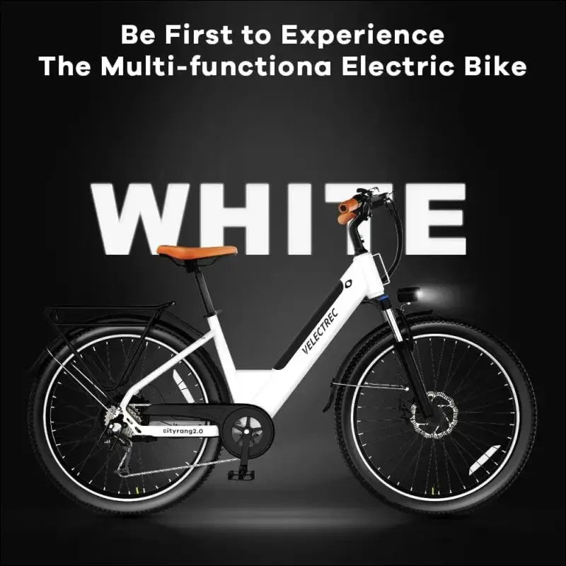 White electric bicycle with a step-through frame and disc brakes.